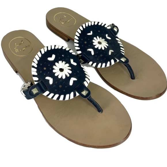 Jack Rogers Shoes - Jack Rogers Women's Georgica Leather Thong Sandal Midnight/White Size 7.5M 🌴
